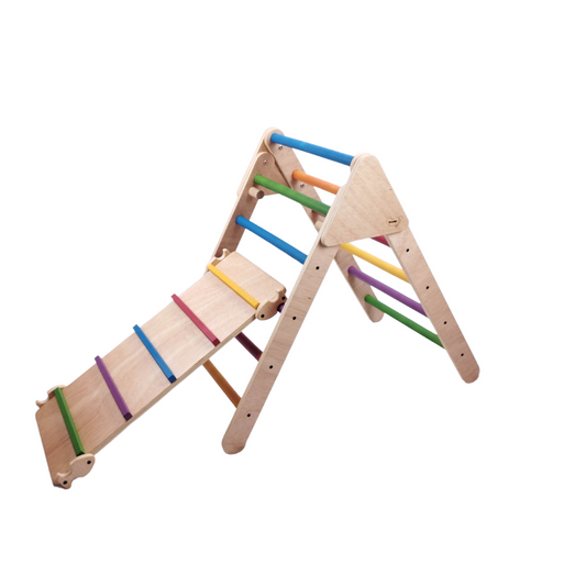 Triángulo De Aprendizaje Pikler Plegable De Madera De Colores + Escalera Listones. Med: 90 X 50 X 80 Cm. Trcmrl0013. Woodgo._0