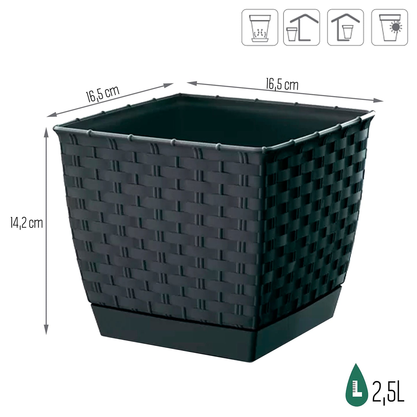 Maceta Ratolla Square 2,5l., Dimensiones (mm) 165x165x142, Color Antracita_2
