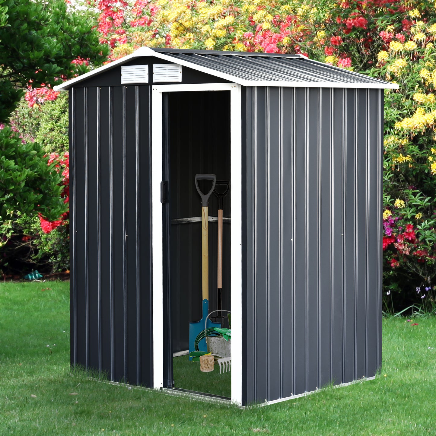 Outsunny Caseta De Jardín Metálica 150x130x186cm Con Techo Inclinado 4 Ventanas_1