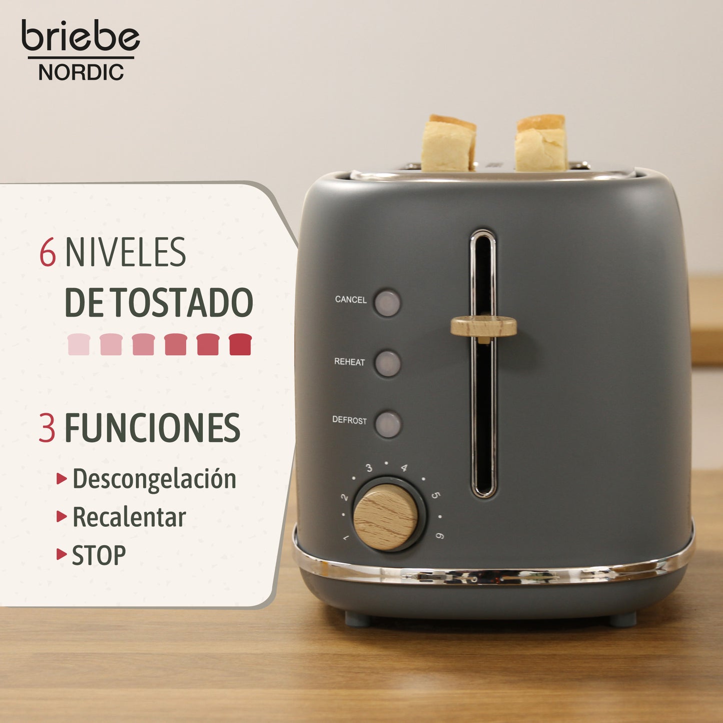 Briebe Nordic Tostadora Pan Ranura Ancha, Tostador 2 Rebanadas, 6 Niveles Tostado, Calientapanecillos, Ta1166gry, Gris_2