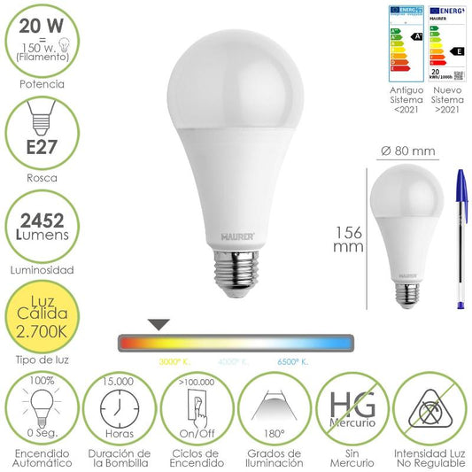 Bombilla Led Estandar Rosca E27. 20  Watt. Equivale A 150 Watt. 2452 Lumenes. Luz Calida (3000º K.)_0