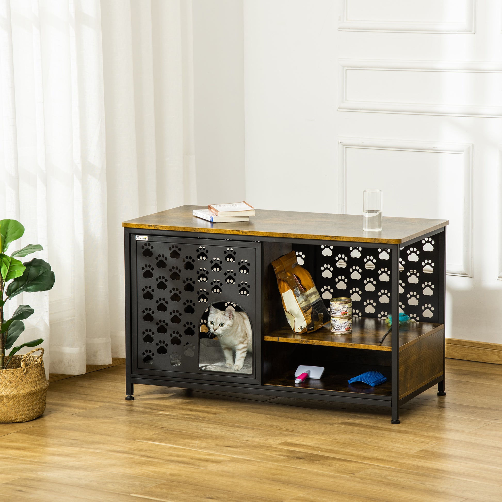 Pawhut Casa Para Gatos De Madera Con Estantes Cojín Lavable Y Puerta Corredera_1