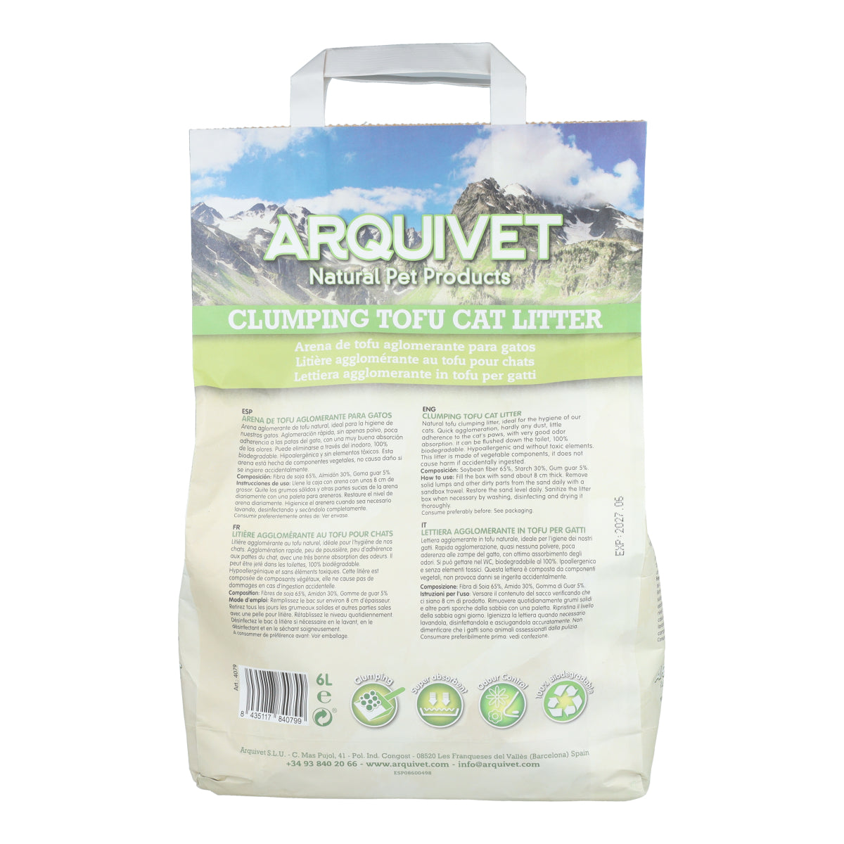 Areia para gatos Tofu Arquivet 6 L Areia aglomerante de soja biodegradável