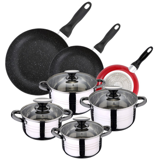 Pack De 3 Sartenes San Ignacio  Ø16cm Ø20cm Ø24cm + Batería De Cocina De 8pc En Acero Inoxidable