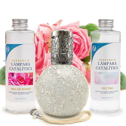 Pack Ahorro Lámpara Catalítica Mosaico Blanco + Fragancia Bed Of Roses 500ml + Limpiador Neutro 200ml + Mecha Repuesto_0
