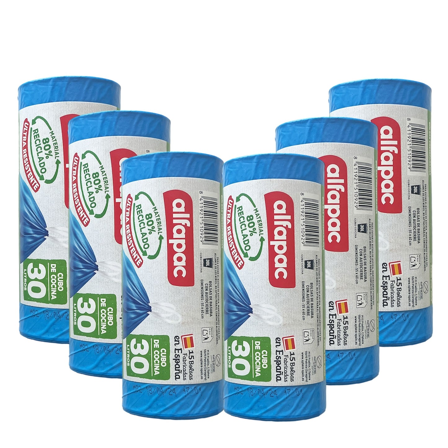 80% Reciclado 6 Rollos De 15 Bolsas De Basura  30l Con Autocierre