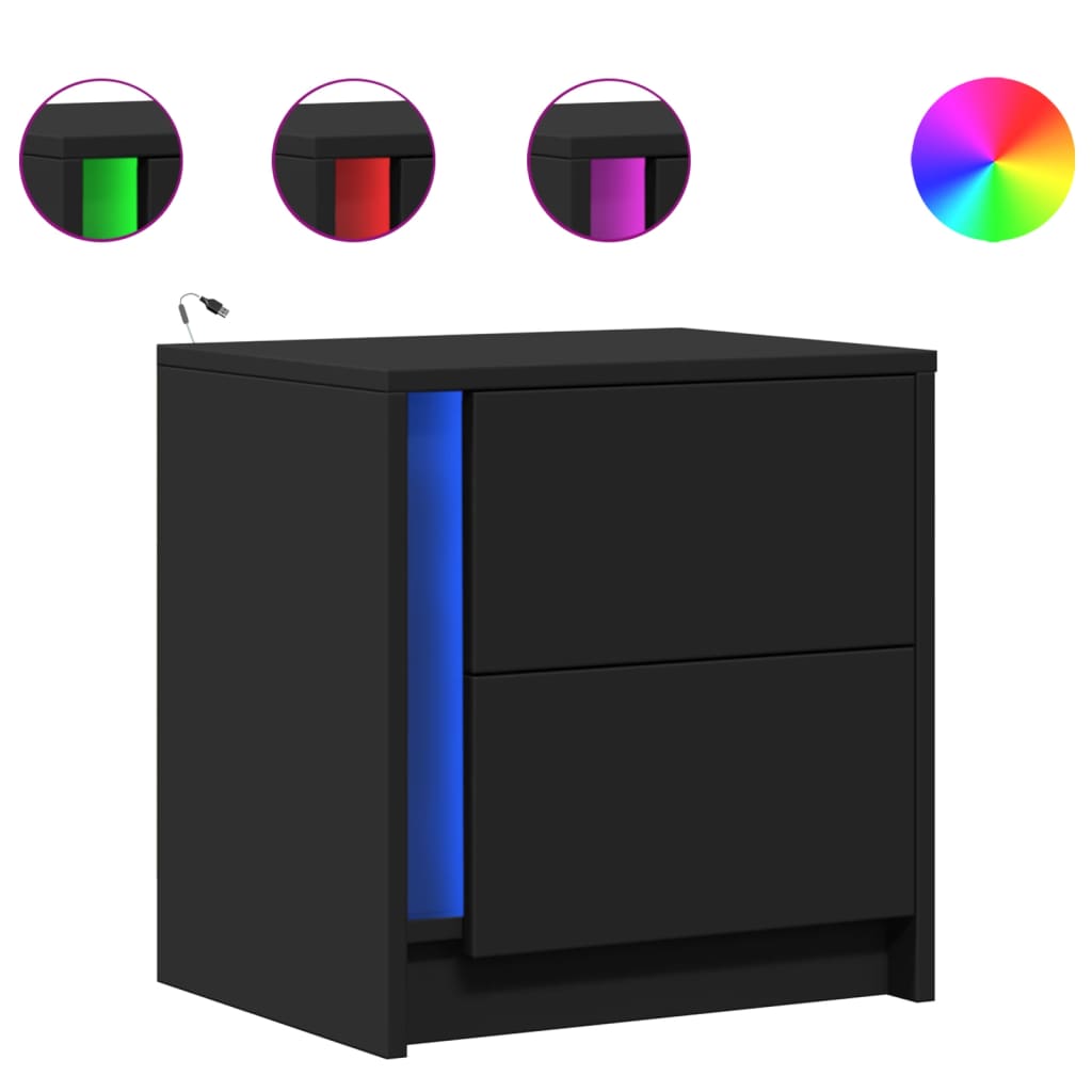Mesitas De Noche Con Luces Led 2 Uds Madera Ingeniería Negra_0