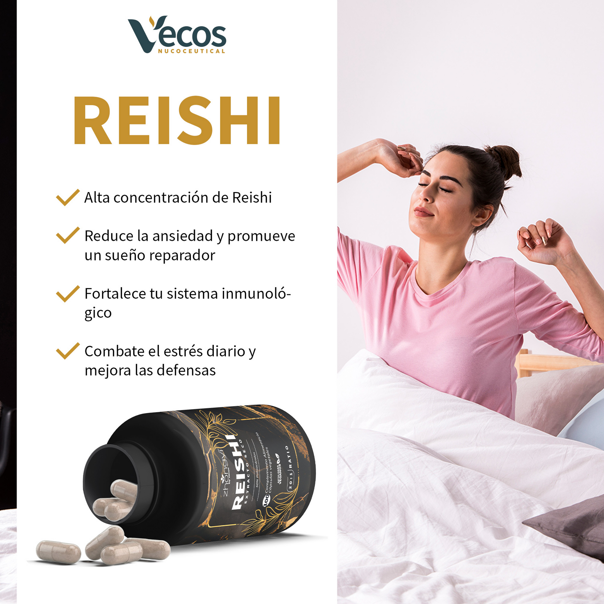 Reishi Extracto 20:1 VECOS (100 cápsulas) | Activa Defensas y bienestar | 50% polisacáridos | 20 veces más concentrado_3