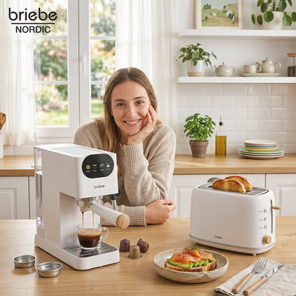 Briebe Nordic Set Cafetera 20 Bares Cápsulas, Café Molido Espumador Leche Tostadora 2 Rebanadas Anchas,skt1221wht,blanco_1