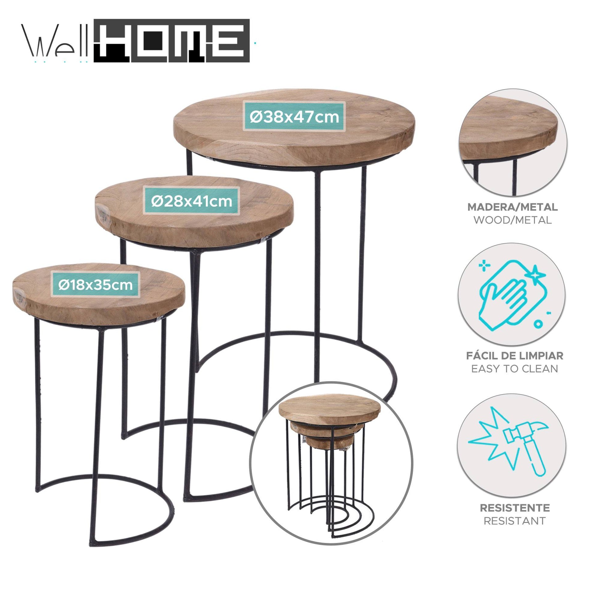 Well Home Juego De 3 Mesas Auxiliares Redondas Metal Ø18ø28ø38cm_1