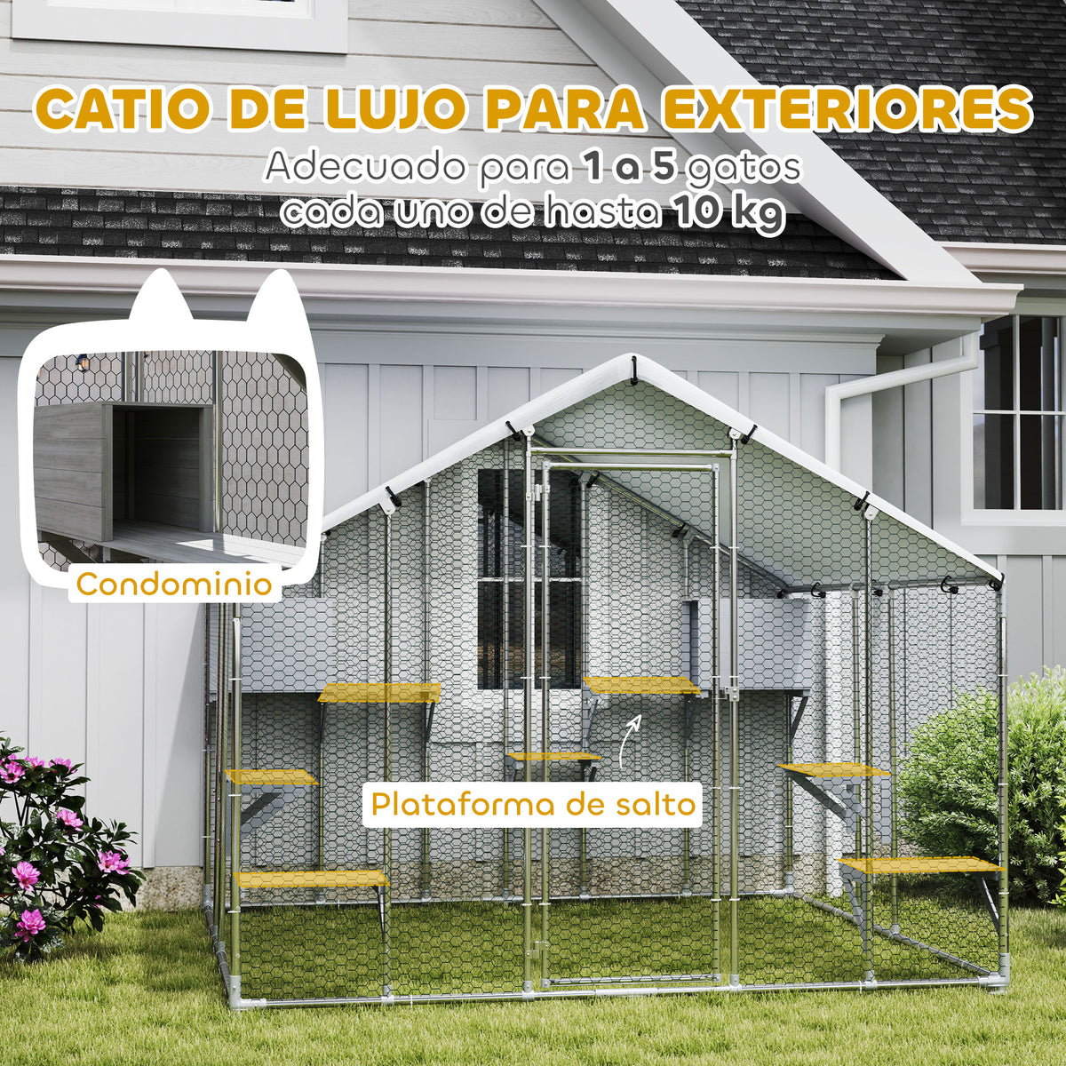 Pawhut Jaula Grande Para Gatos Exterior Con 2 Casitas 240x193x195 Cm Plata_3