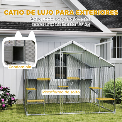 Pawhut Jaula Grande Para Gatos Exterior Con 2 Casitas 240x193x195 Cm Plata_3