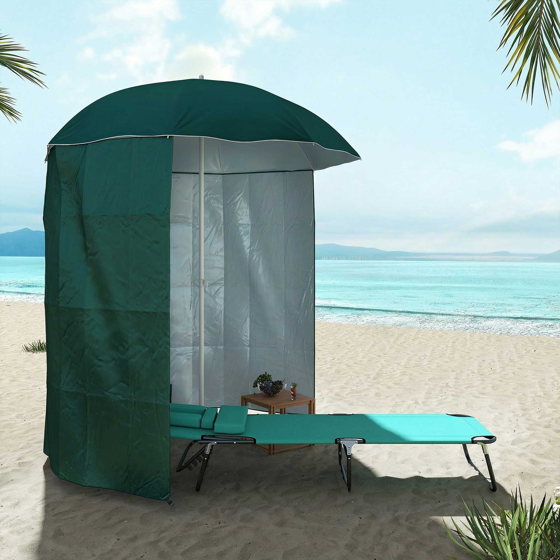 Outsunny Sombrilla De Playa Con Panel Lateral Apertura Manual Ø220x220 Cm Verde_1