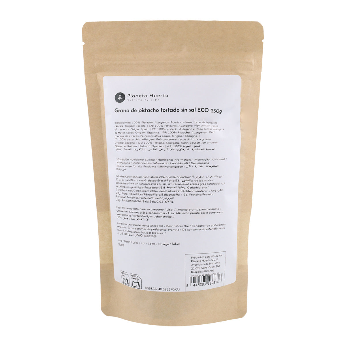 Grano de pistacho tostado sin sal Eco Planeta Huerto 250 g