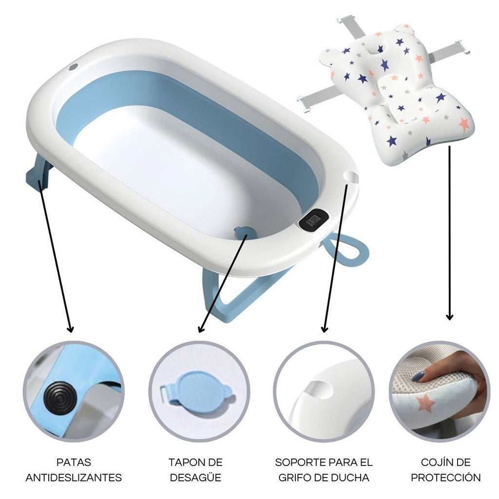 Bathby Bañera Plegable Azul Para Bebés, Cojín Reductor, Termómetro, Patas Antideslizantes (azul Pastel)_5