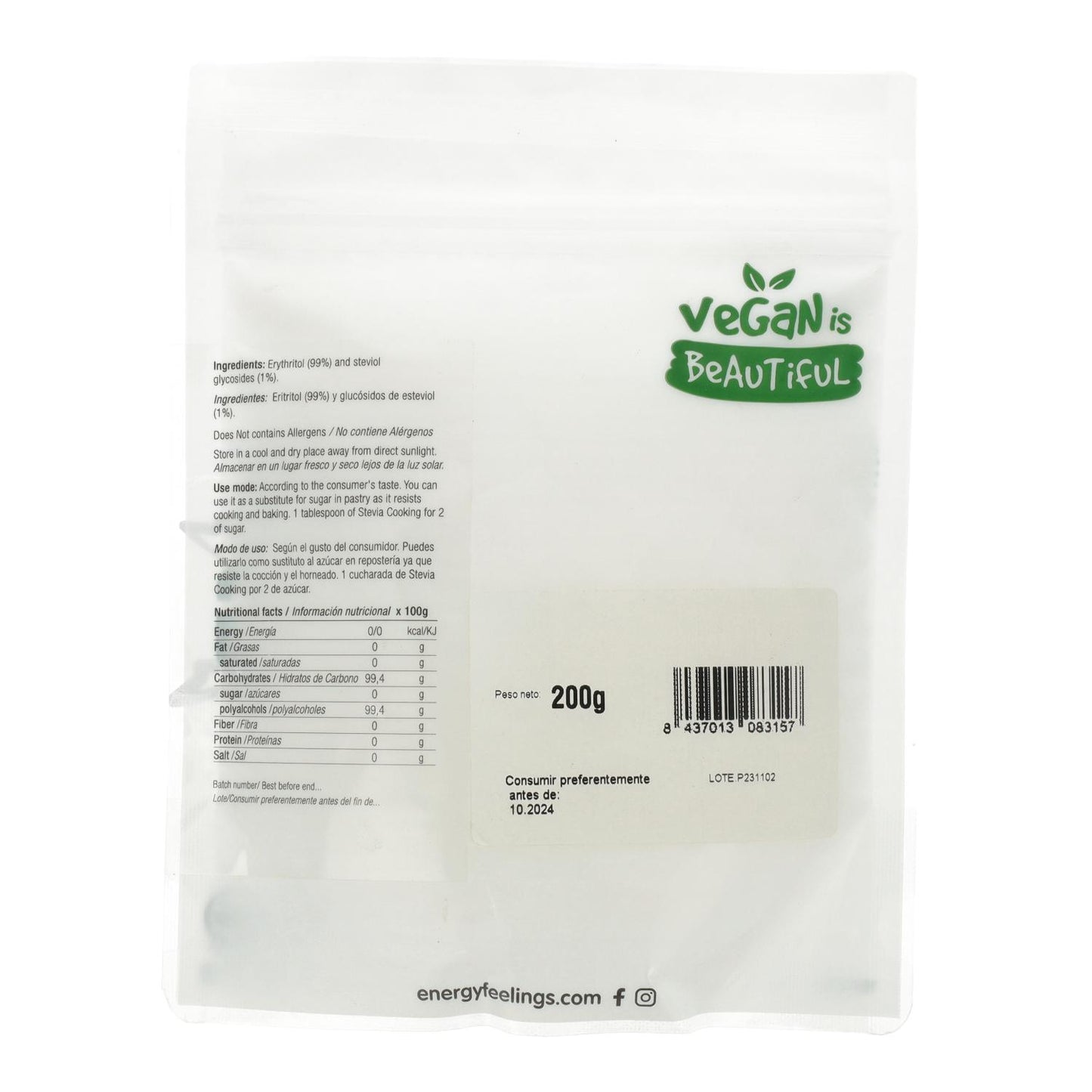 Stevia culinária 1:2 Energy Feelings 250 g