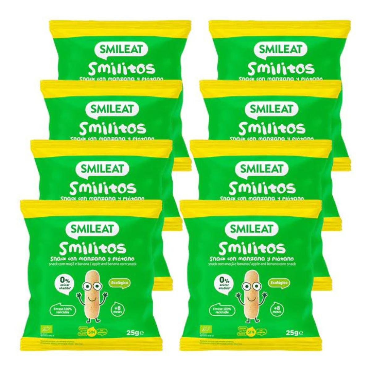 Embalagem de 8 xSmilitos, minhocas de maçã e banana, 25g de snack Smileat 