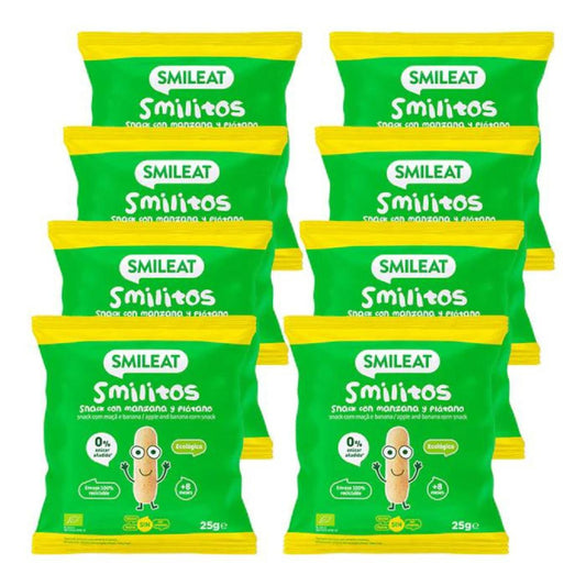 Embalagem de 8 xSmilitos, minhocas de maçã e banana, 25g de snack Smileat 