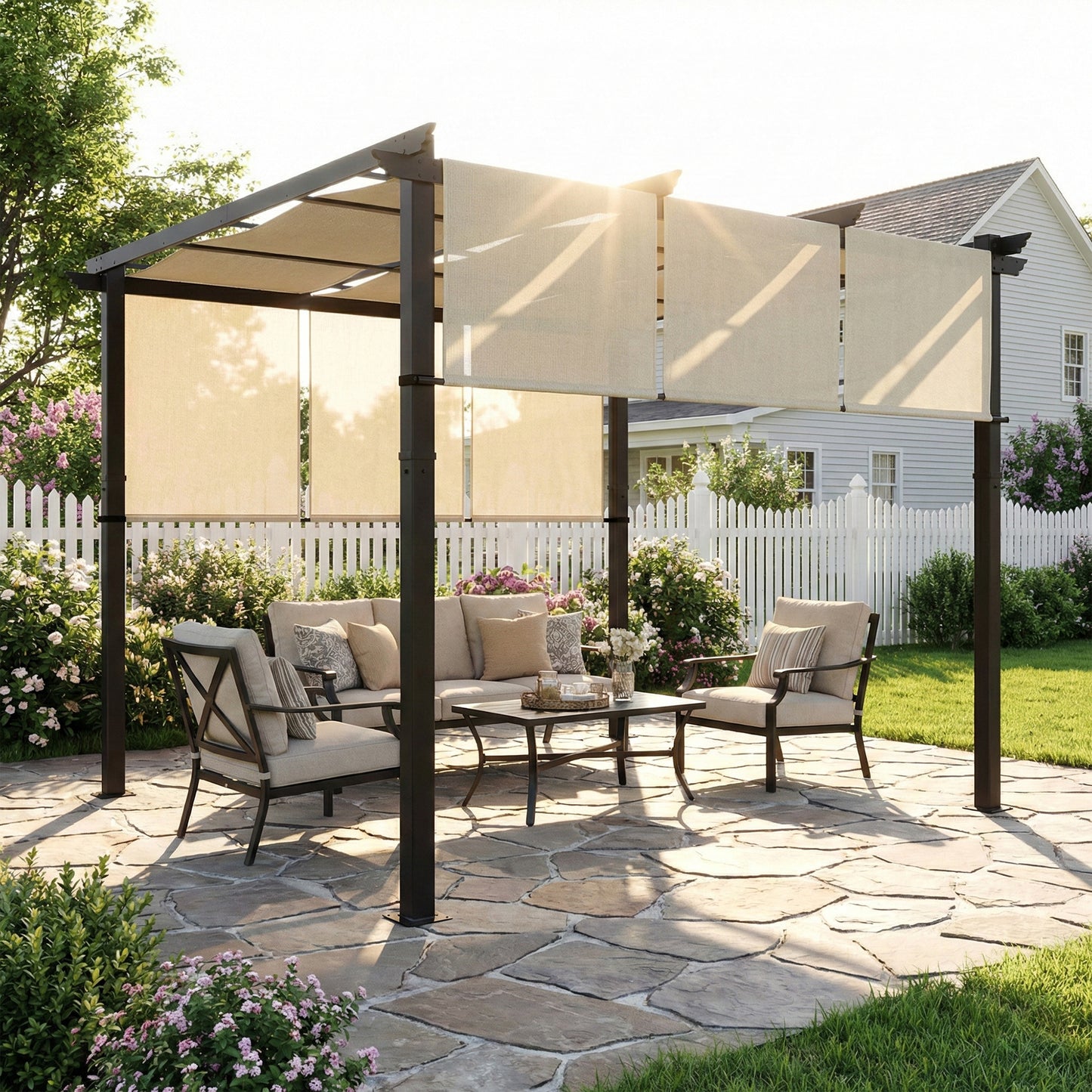 Outsunny Pérgola De Jardín 3x3 M Con Techo Retráctil Marco De Acero Beige_1
