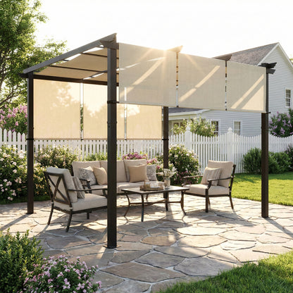 Outsunny Pérgola De Jardín 3x3 M Con Techo Retráctil Marco De Acero Beige_1