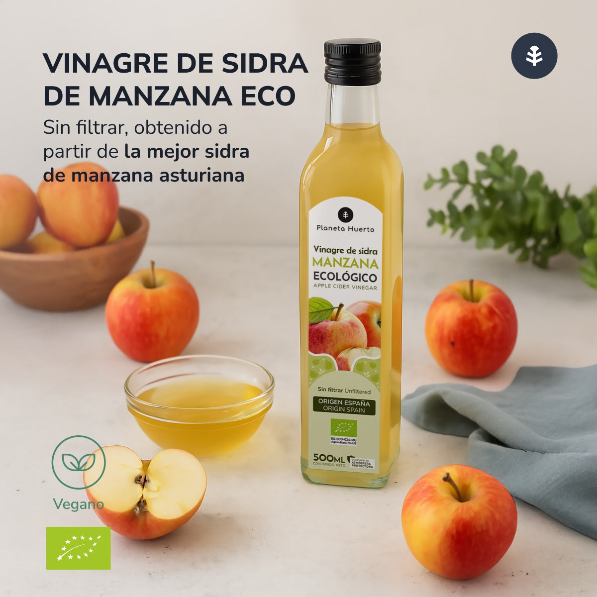 Embalagem de 6 vinagres de maçã não filtrados da Planeta Huerto, 500 ml.