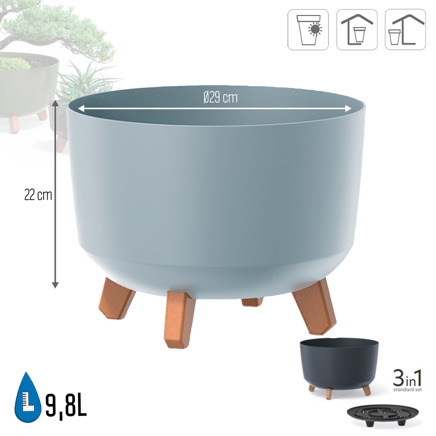 Macetero Color Gris,sin Depósito , Colección Gracia De 29cm X 29cm X 22cm Cm, Capacidad De 9,8 L.