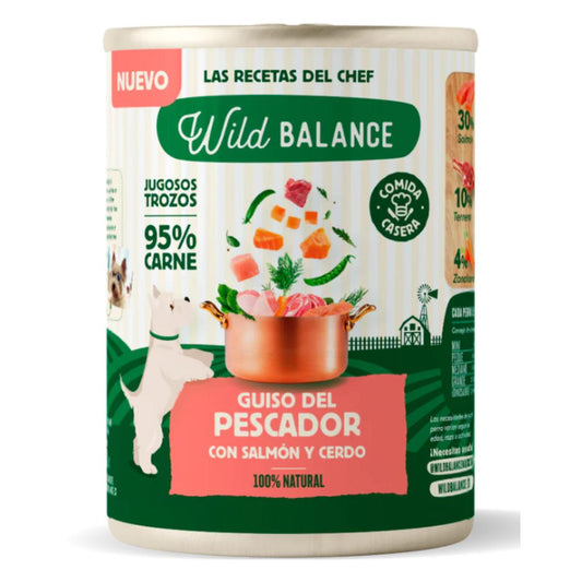 Lata cheia de ensopado de pescador Wild Balance com salmão e porco para cães 400g