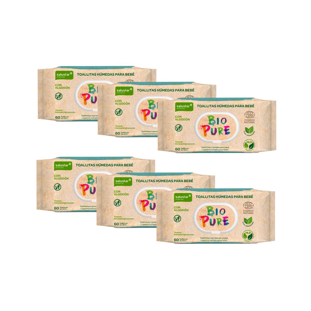 EMBALAGEM 6x Toalhitas Biodegradáveis ​​Salustar Biopure para Bebé 60 unidades