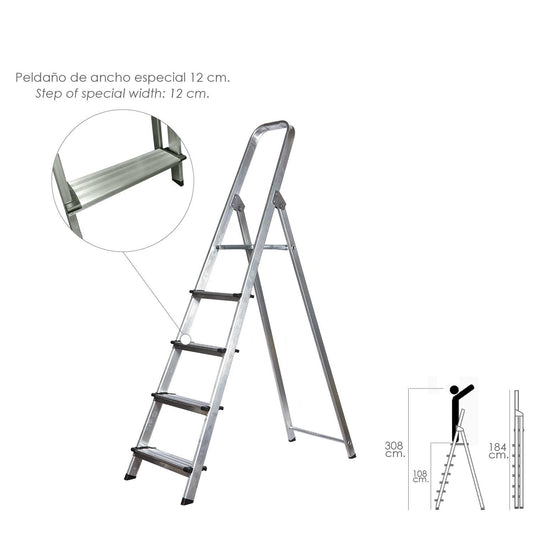 Escalera Doméstica Aluminio Profesional 5 Peldaños 12 Cm Grosor._0