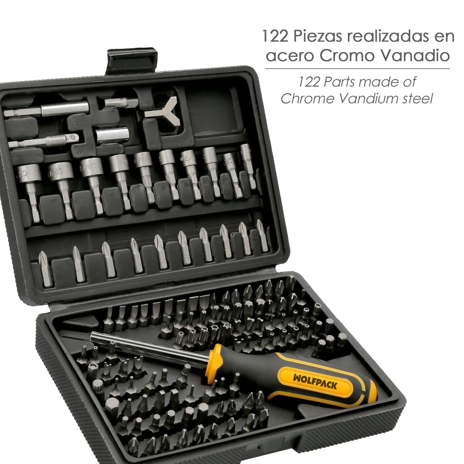 Juego Puntas Con Destornillador 1/4 122 Pzs. Con Apadtador. Cromo Vanadio, Kit Llave Combinada, Kit Carraca,