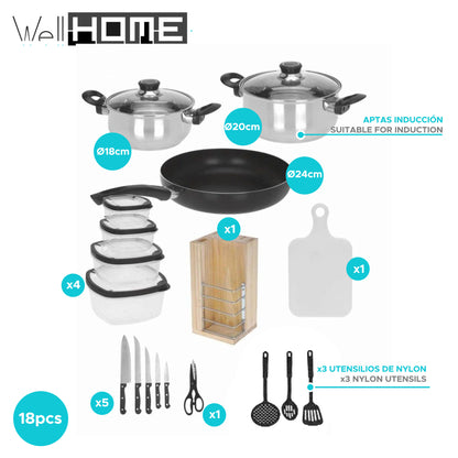 Well Home Batería De Cocina De 18pc (1x Sarten + 2 Cacerolas + 1 Tabla De Cortar + 1 Tijeras + 3 Utensilios De Nylon + 4 Tuppers + 1 Bloque De Madera_1