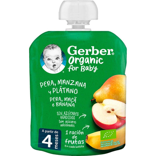 Puré de fruta biológico Gerber Baby, sabor a pera, maçã e banana, 90g