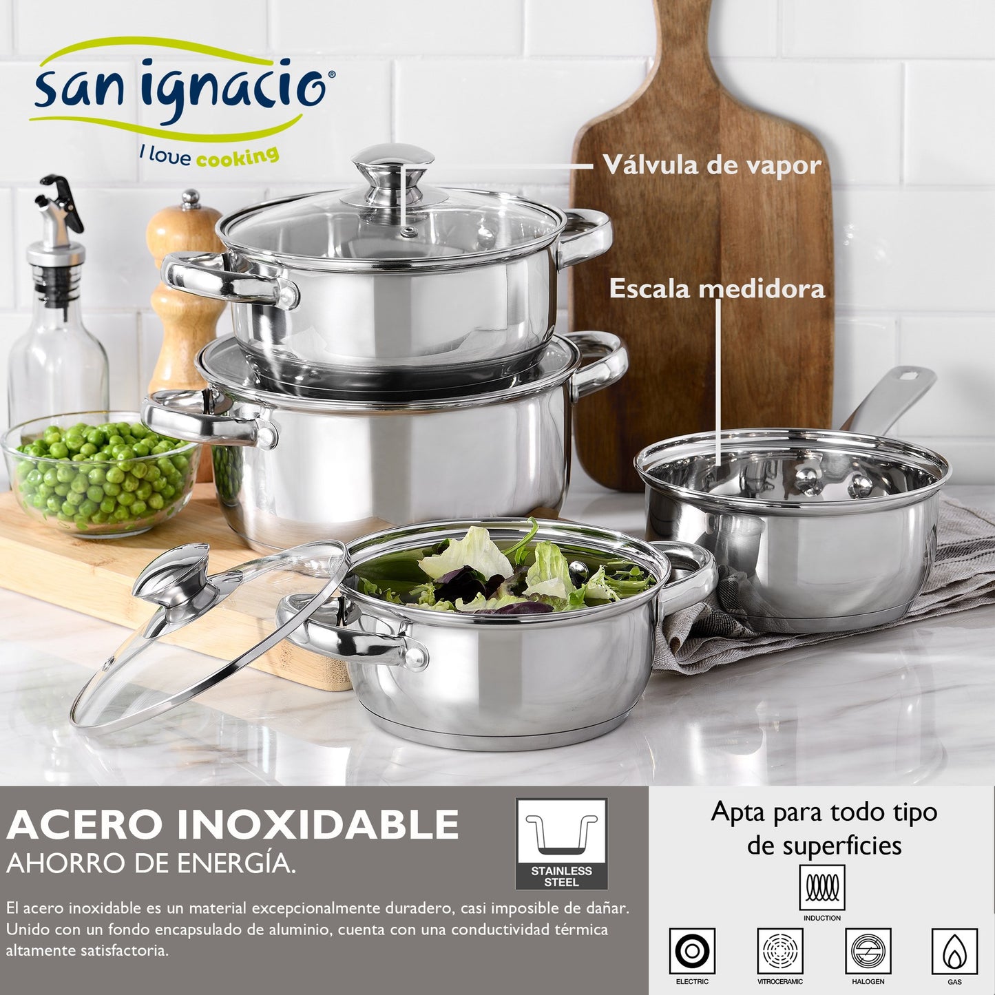 Bateria De Cocina 7 Piezas San Ignacio Faro De Acero Inoxidable Con Juego De Sartenes (22/24/26 Cm) San Ignacio Daimiel En Aluminio Forjado