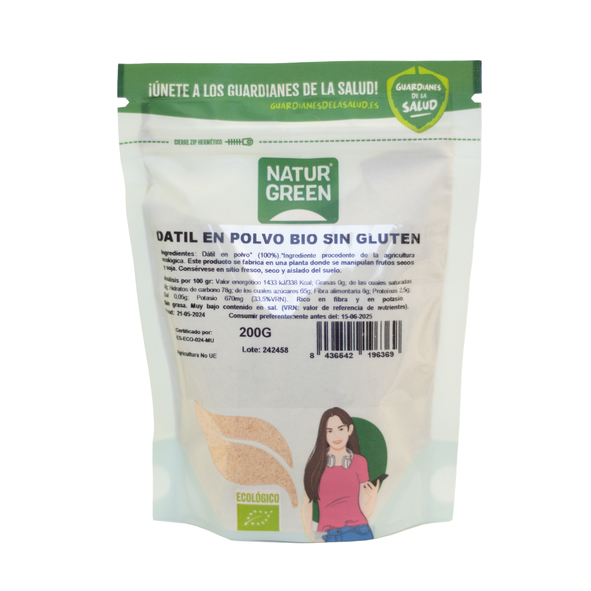 Pó de tâmaras biológico sem glúten NaturGreen 200g