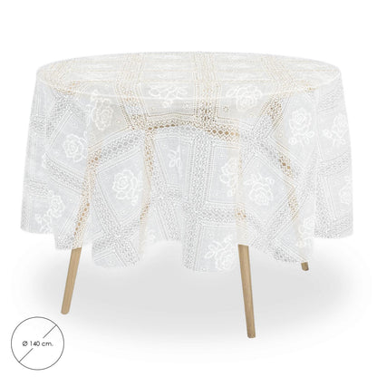 Mantel Hule Redondo Bordados Transparente Impermeable Antimanchas Pvc Ø 140 Cm. Uso Interior Y Exterior_0