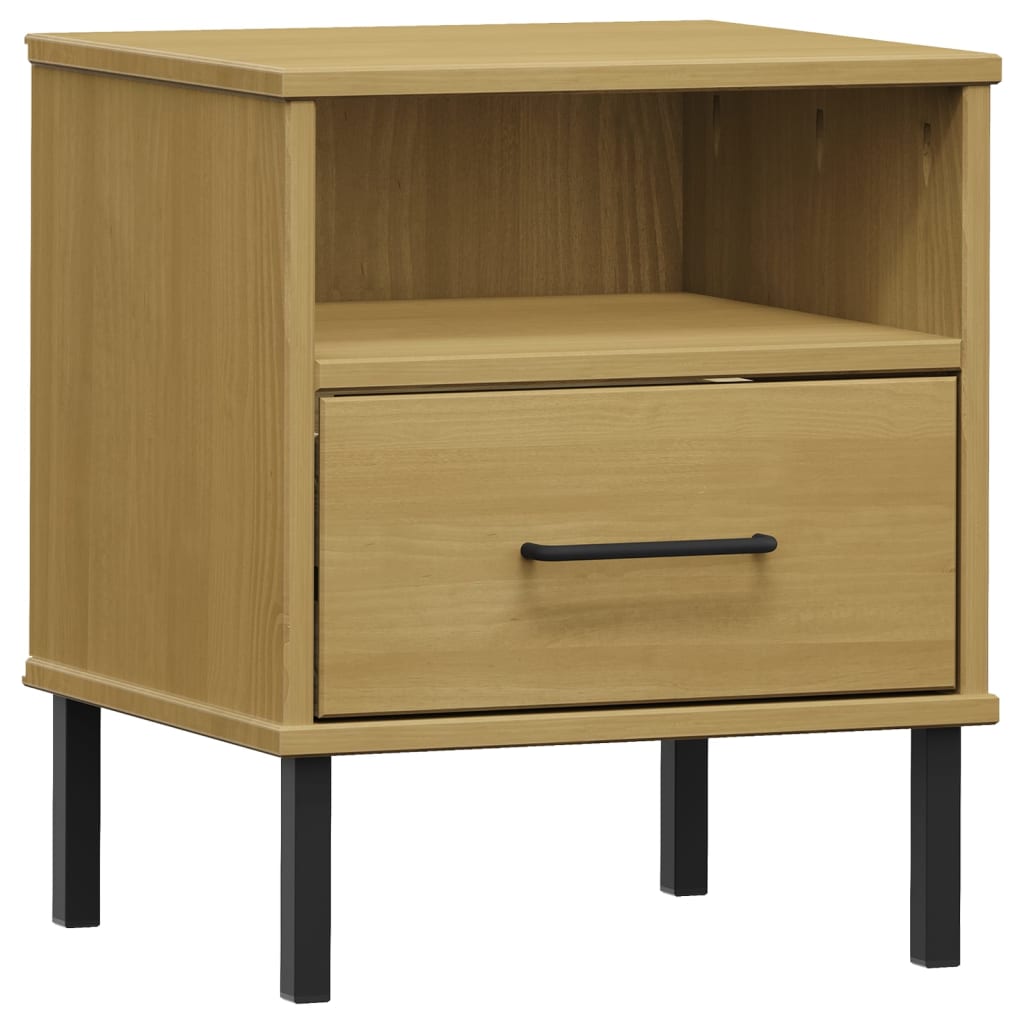 Mesita De Noche Patas De Metal Madera Maciza Pino Marrón Oslo_0