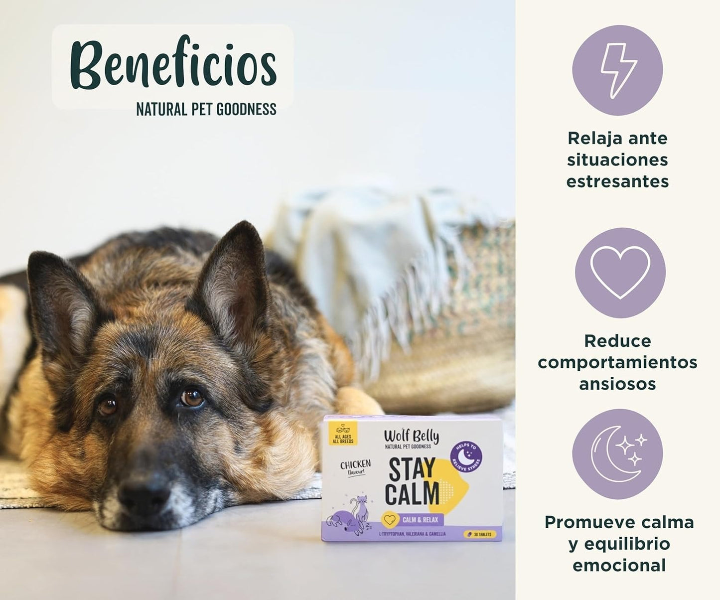 Wolf Belly Stay Calm Calmante Sabor a Frango para Cães e Gatos 30 comprimidos
