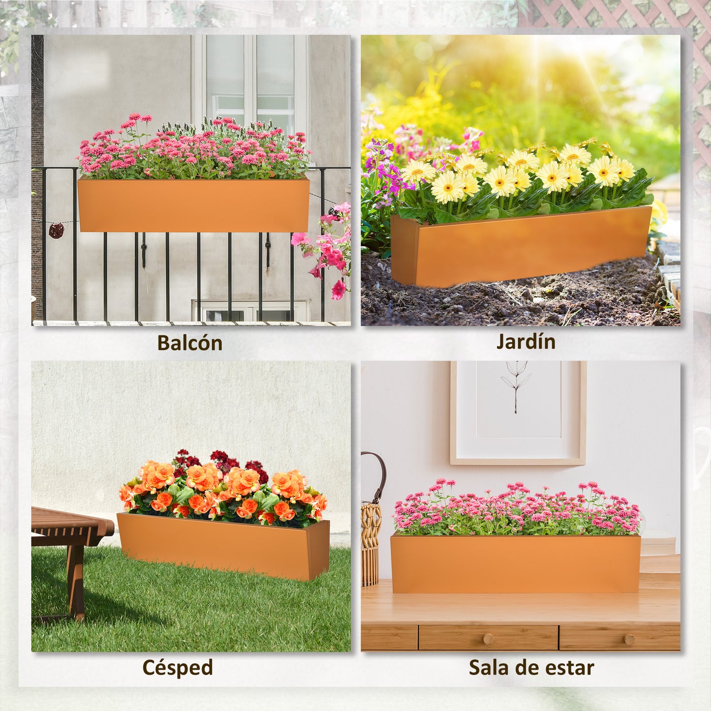 Outsunny Jardinera Colgante De Acero Con 2 Ganchos Ajustables 91x35x24 Cm Marrón_5