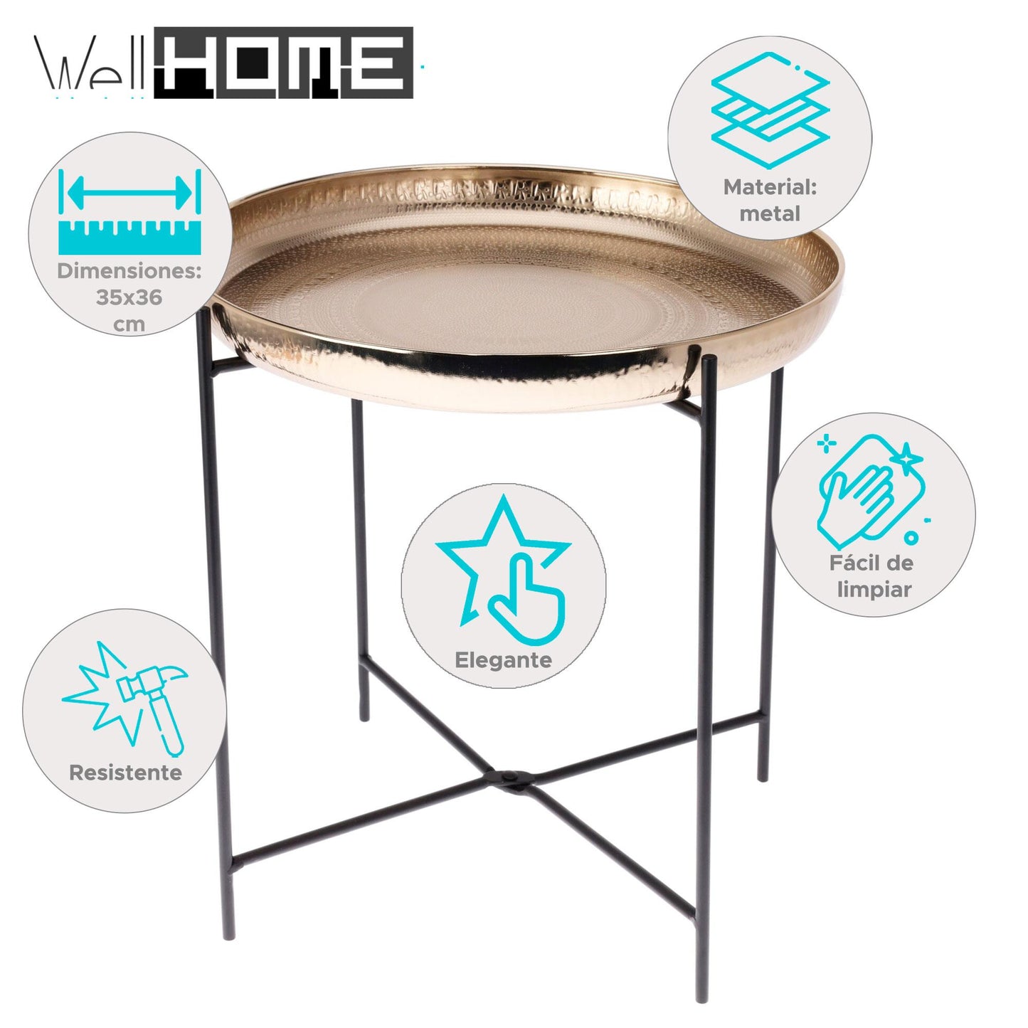 Mesa Auxiliar Redonda Color Oro Ø35x36cm - Well Home_1