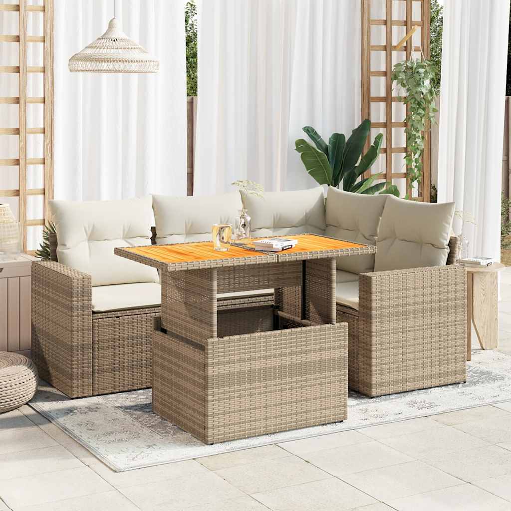 Juego De Sofás Jardín Con Cojines 5 Pzas Ratán Sintético Beige / Vetonek_1