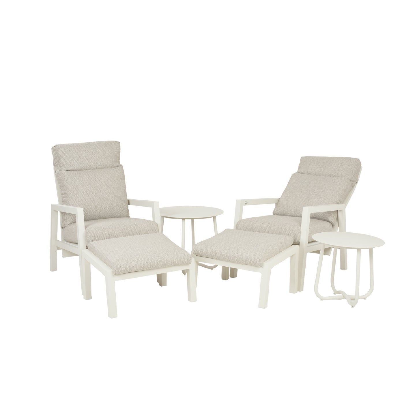 Conjunto Relax Reclinables, Para Jardín, Aluminio, Color Blanco Envejecido, Reposapies:47x60 X38 Alto,sillón:72x59x112 Cm Alto,mesa:60x51cm Alto_0
