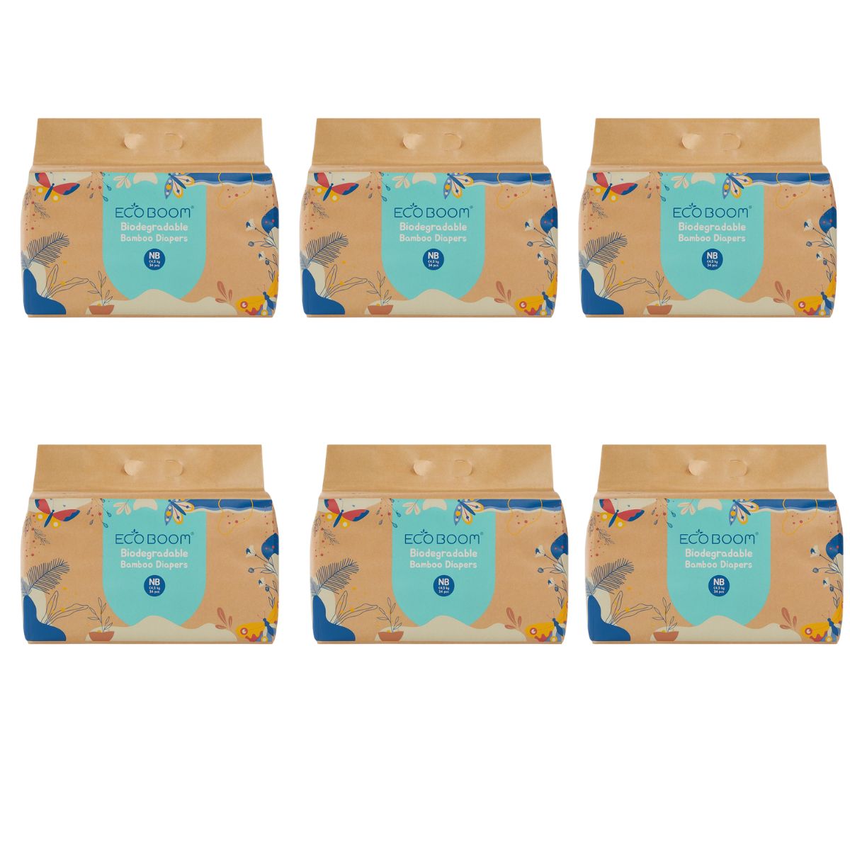 ECOBOOM - Fralda de Bambu Eco Boom. 70% biodegradável, hipoalergénica (tamanho 1/peso &lt; 3 kg, embalagem de 6 fraldas, total de 204 fraldas)