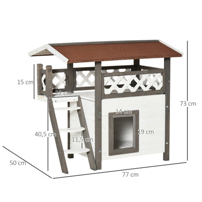 Pawhut Caseta Para Gatos De Madera 77x50x73cm Con Techo Terraza Vallada Blanco_2