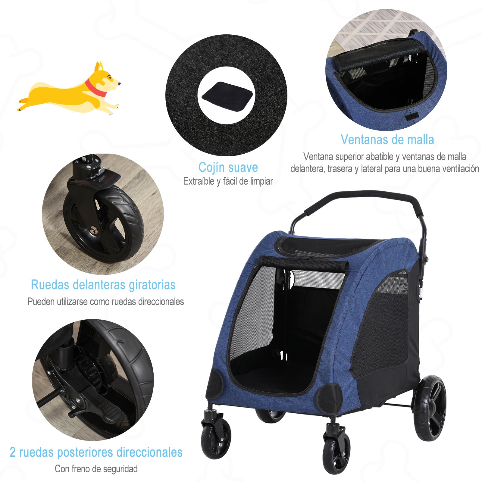 Pawhut Cochecito Para Mascotas Buena Ventilación Cojín Extraíble 98x82x110 Cm_5