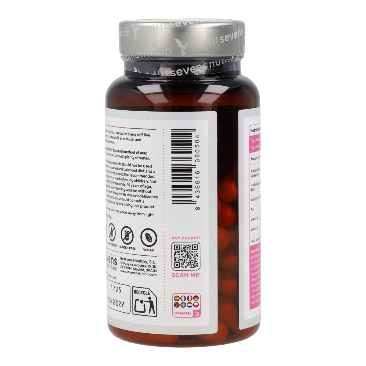 Probióticos Flora Íntima Mujer con Inulina FOS Zinc y Vitaminas B2 y D3 Sevens Nutrition 60 cápsulas