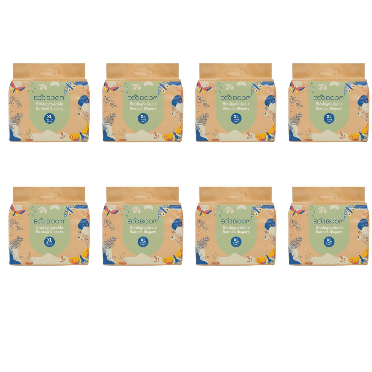 ECOBOOM - Fralda de Bambu Eco Boom. 70% biodegradável, hipoalergénica (tamanho 5/XL, 12-17 kg, embalagem de 8 fraldas, total de 224 fraldas)
