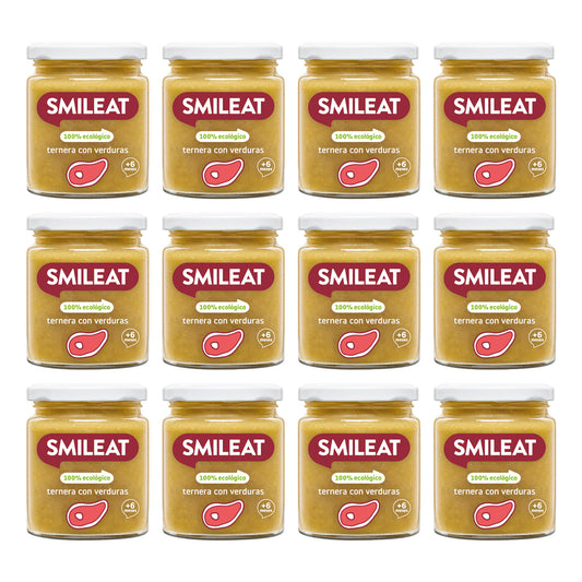 Embalagem de 12 frascos Smileat de carne e vegetais biológicos +6 meses 230g