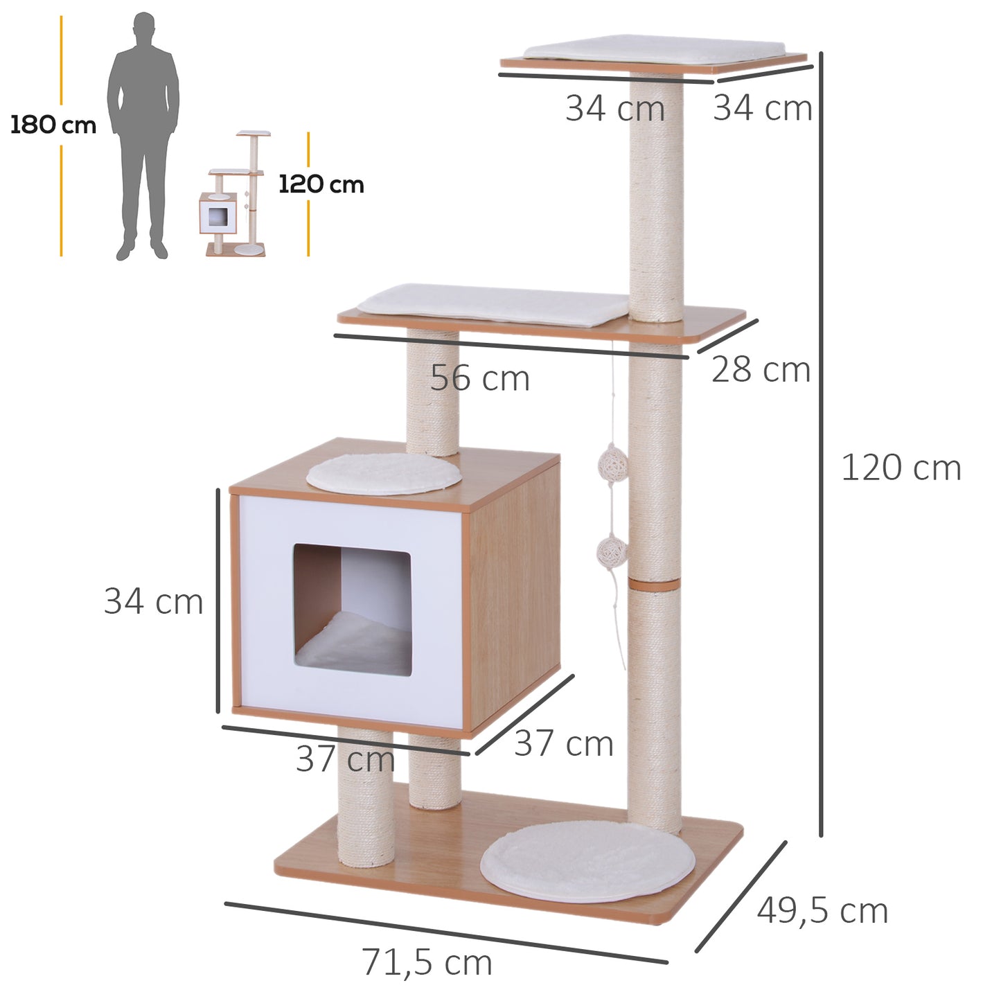 Pawhut Árbol Rascador Gatos De Madera 71,5x49,5x120 Cm Con Cueva Postes De Sisal_2