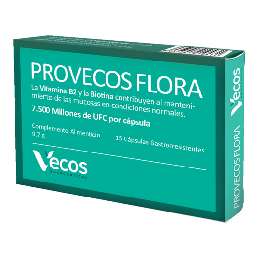 Provecos Flora VECOS (15 cápsulas) | Regenera flora intestinal | 3 cepas + FOS | Con Biotina + Vitamina B2_0