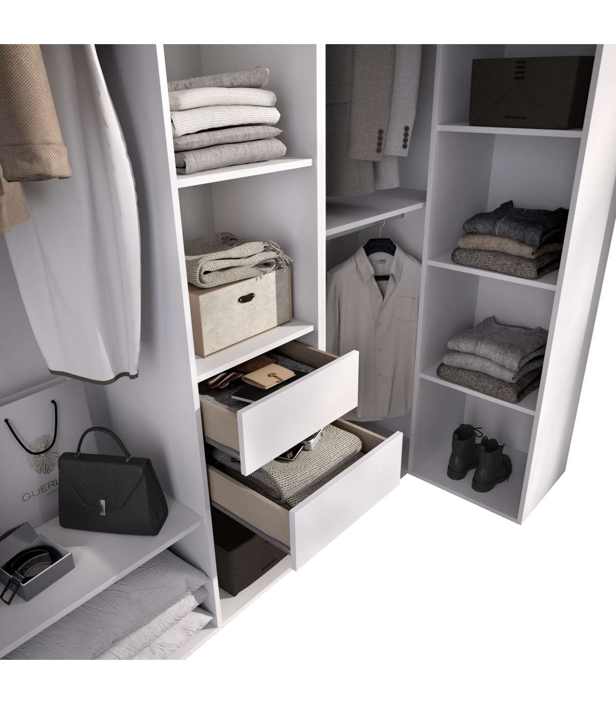 Vestidor De Rincón Reus Con Estantes, 2 Cajones Y Trasera Reversible En Blanco/natural, 2_2